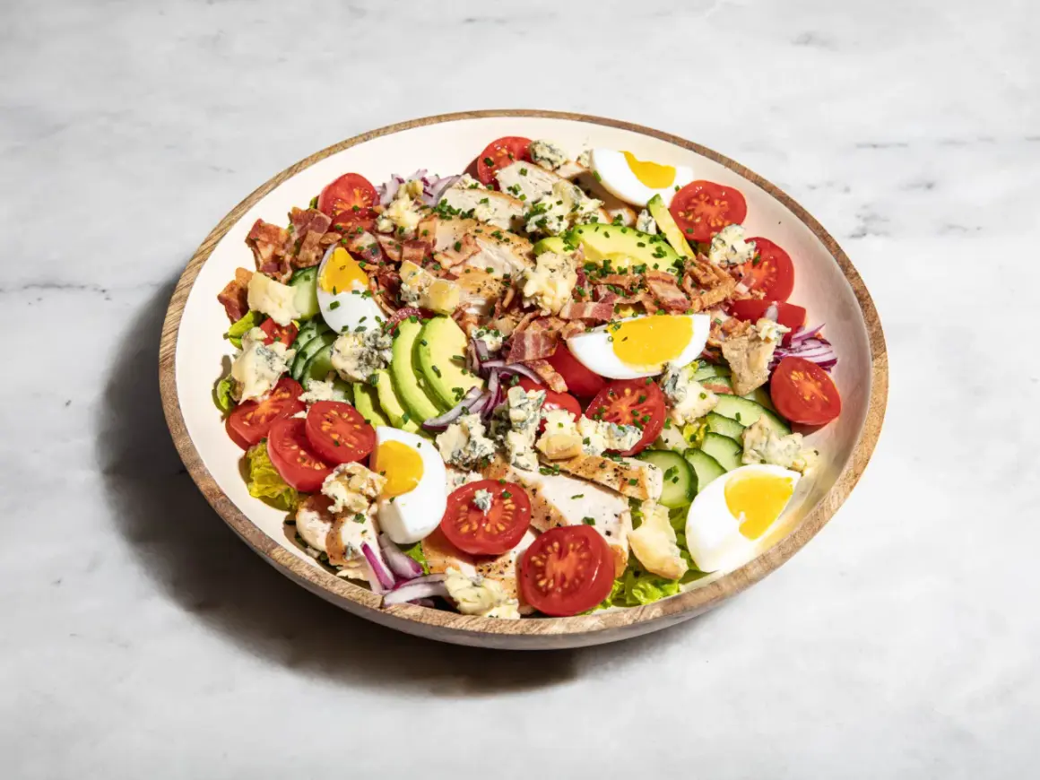 Ein üppiger Cobb Salad deutsch mit Hähnchen, Speck, Ei, Avocado, Tomaten und Blauschimmelkäse.