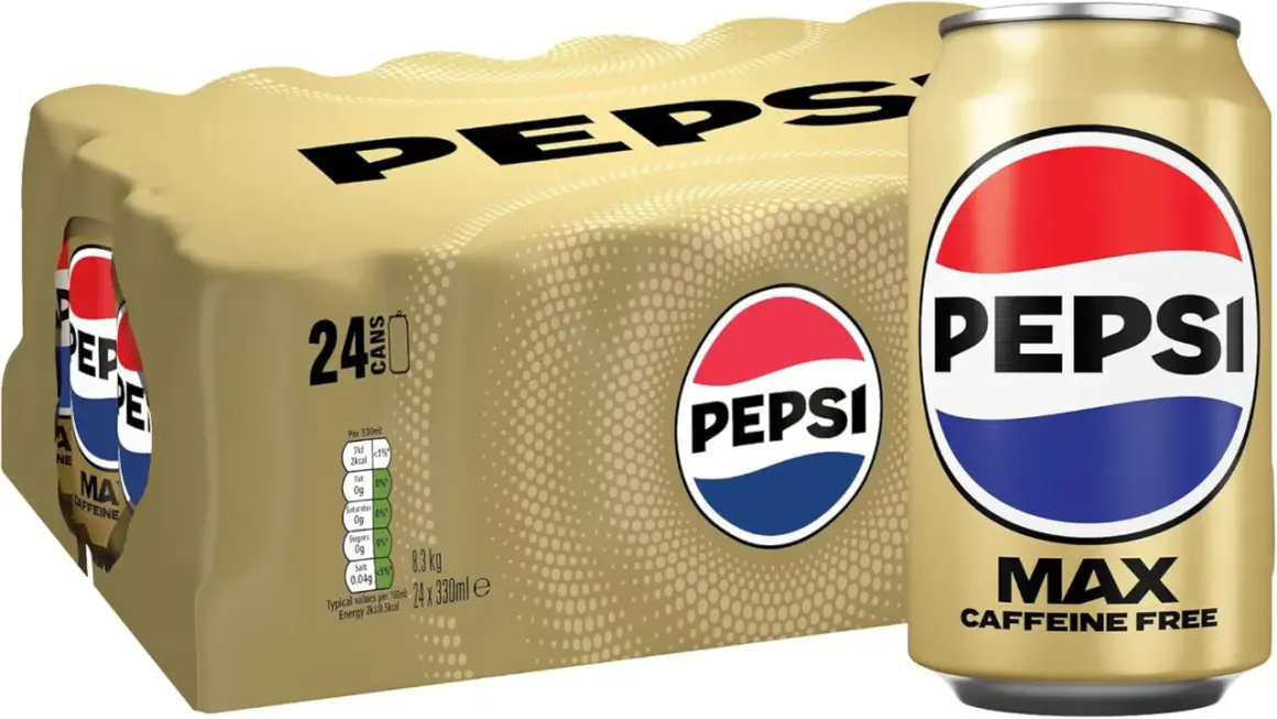 24 burkar Pepsi Max. Varje burk innehåller 330 ml. Denna dryck har 0g socker och 0g koffein per 100 ml.