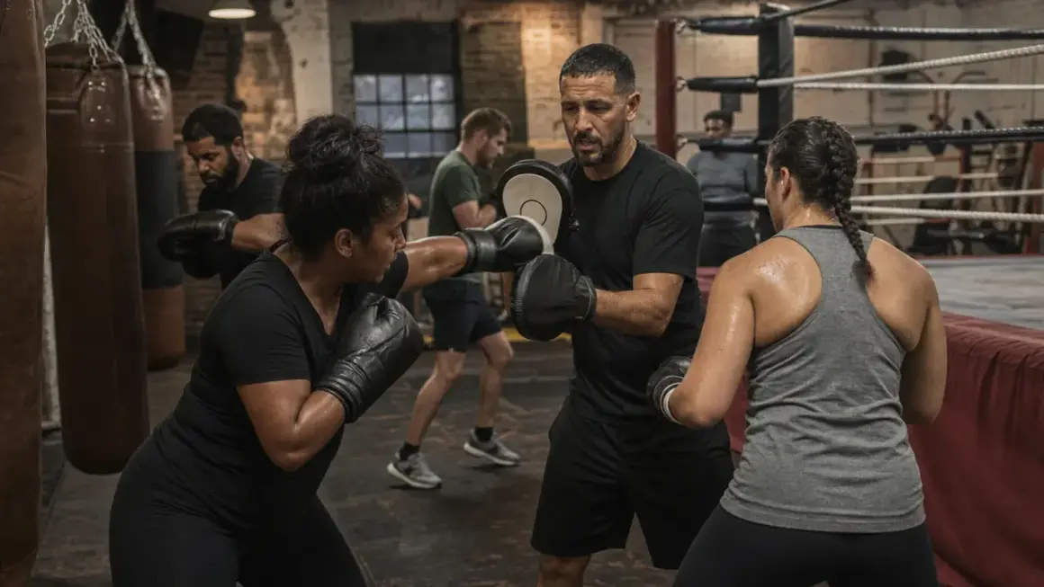 A boxing coach trains a woman, demonstrating what weight is middleweight. Other boxers train in the background.
