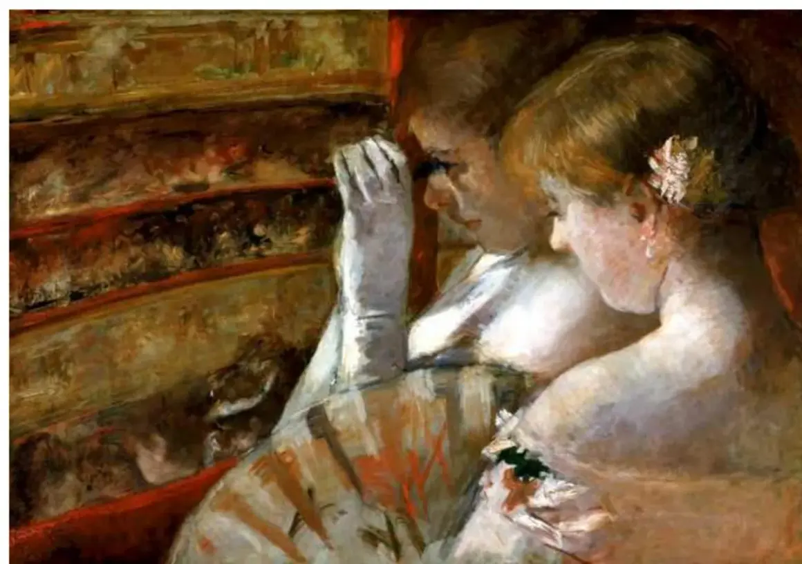 Two women in opera boxes, a classic scene from Mary Cassatt paintings, gaze out, one with a gloved hand to her face.