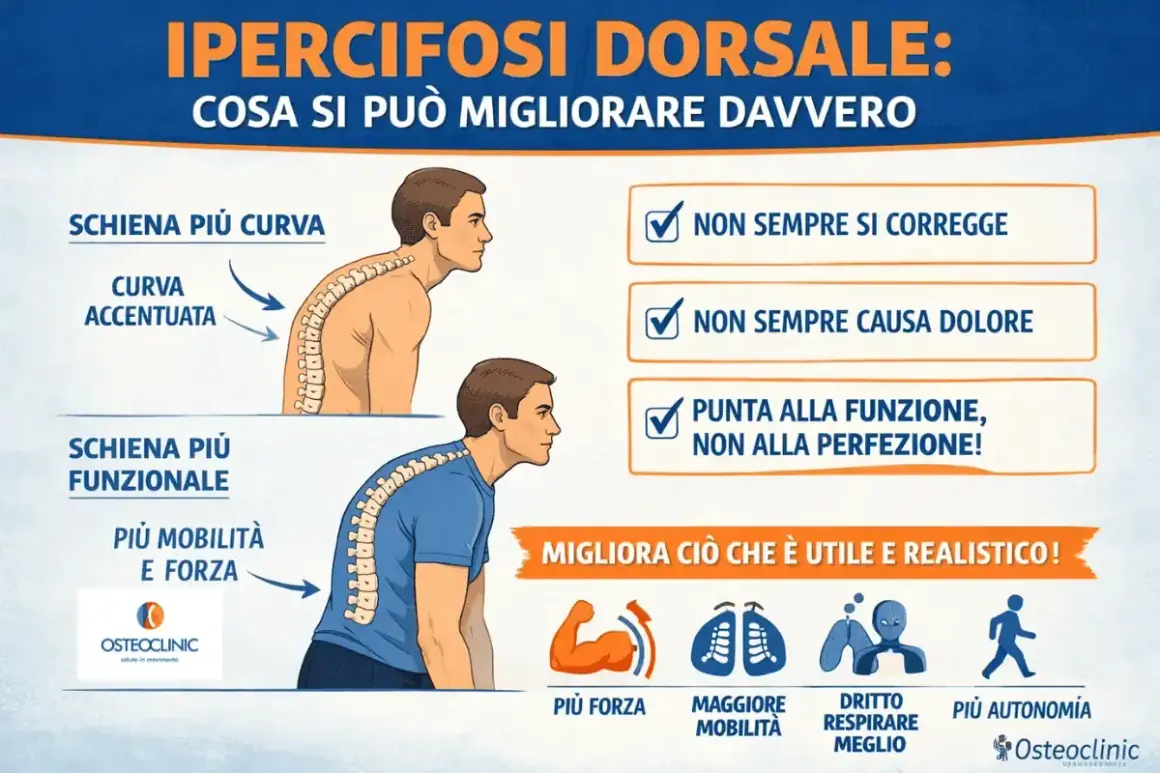 Ipercifosi dorsale: come correggerla? L'immagine mostra una schiena curva e una più funzionale, con focus su mobilità, forza e autonomia.