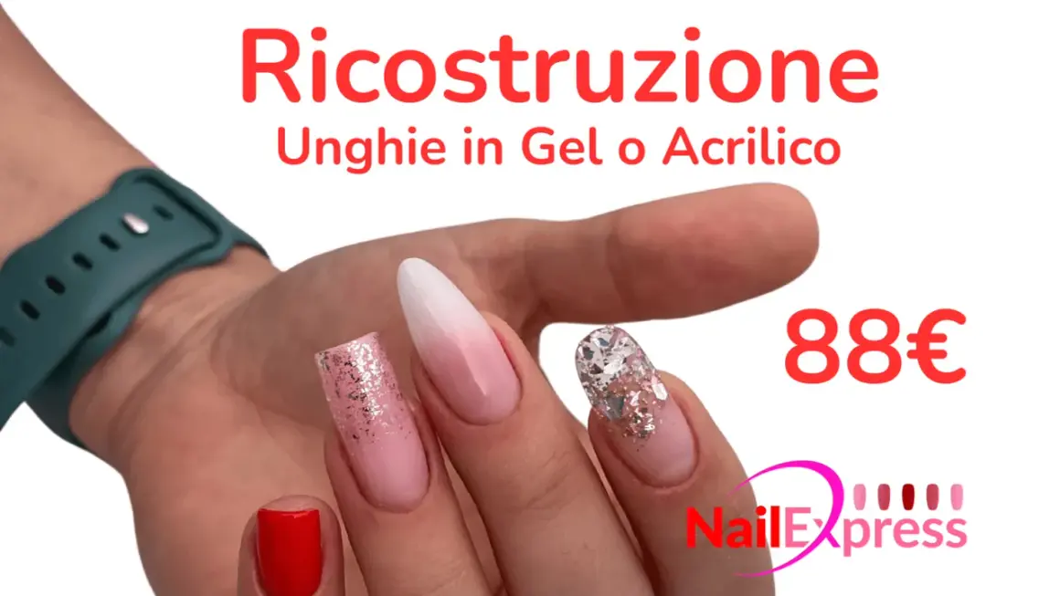 Scopri che forma dare alle unghie con ricostruzione in gel o acrilico. Unghie eleganti e curate, con glitter e sfumature. Prezzo 88€.