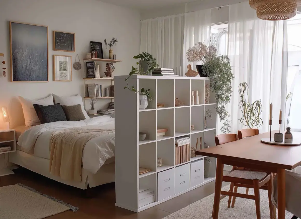 Gemütliches **Wohn und Schlafzimmer in einem Raum**, getrennt durch ein Regal. Ein Bett mit Decke und Kissen, daneben ein Nachttisch. Pflanzen und Deko schmücken das Regal.