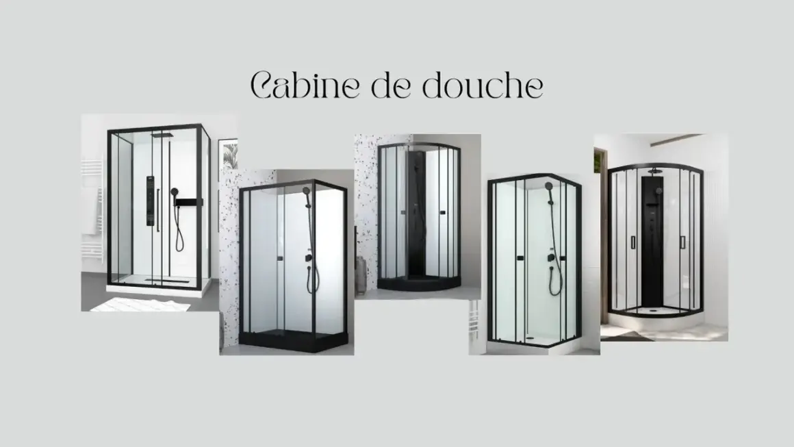 Cinq modèles de cabine de douche modernes avec cadres noirs et parois en verre. Idéal pour changer votre salle de bain.