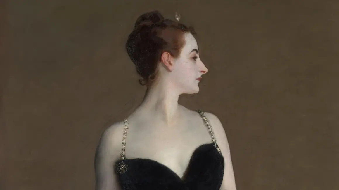 Sargent's portrait of Madame X, a striking woman in a black gown with jeweled straps, her profile turned away, exuding an air of mystery.