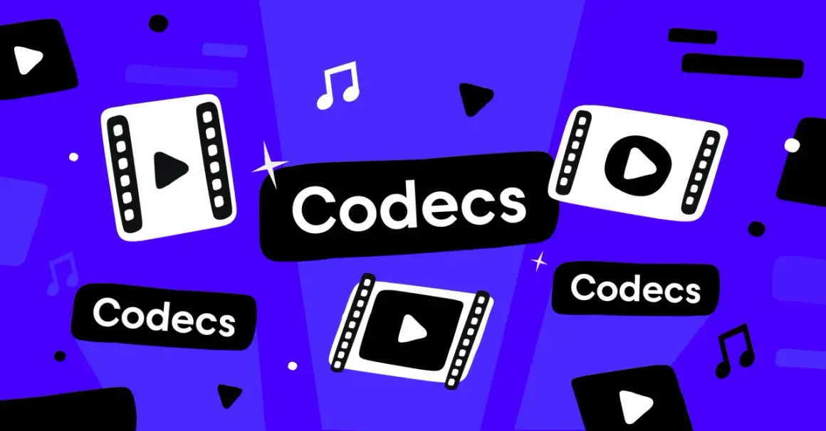 Play icons and film strips surround the word "Codecs," hinting at video file formats like .avi.
