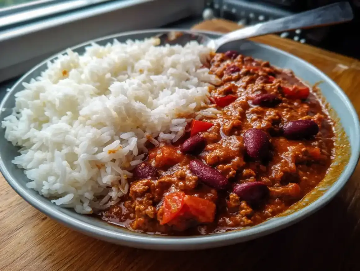 En portion chili con carne med ris, en klassisk och värmande rätt.