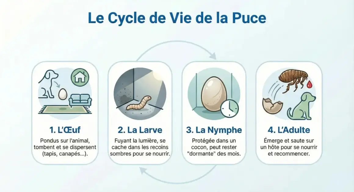 Le cycle de vie de la puce : œuf pondu sur un animal, puis larve se cachant dans les recoins sombres, nymphe dans un cocon, et enfin l'adulte qui saute sur un hôte.