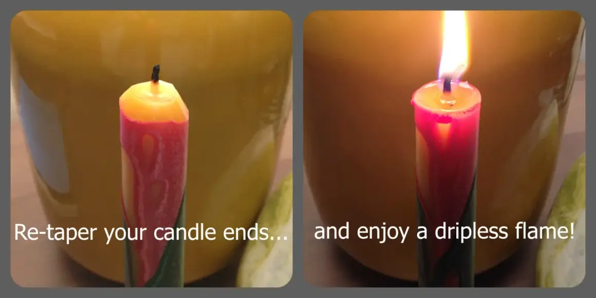 Two images of a red and yellow candle. The left shows an unlit candle with a burnt wick. The right shows a lit candle with a clean flame, demonstrating what are dripless candles.