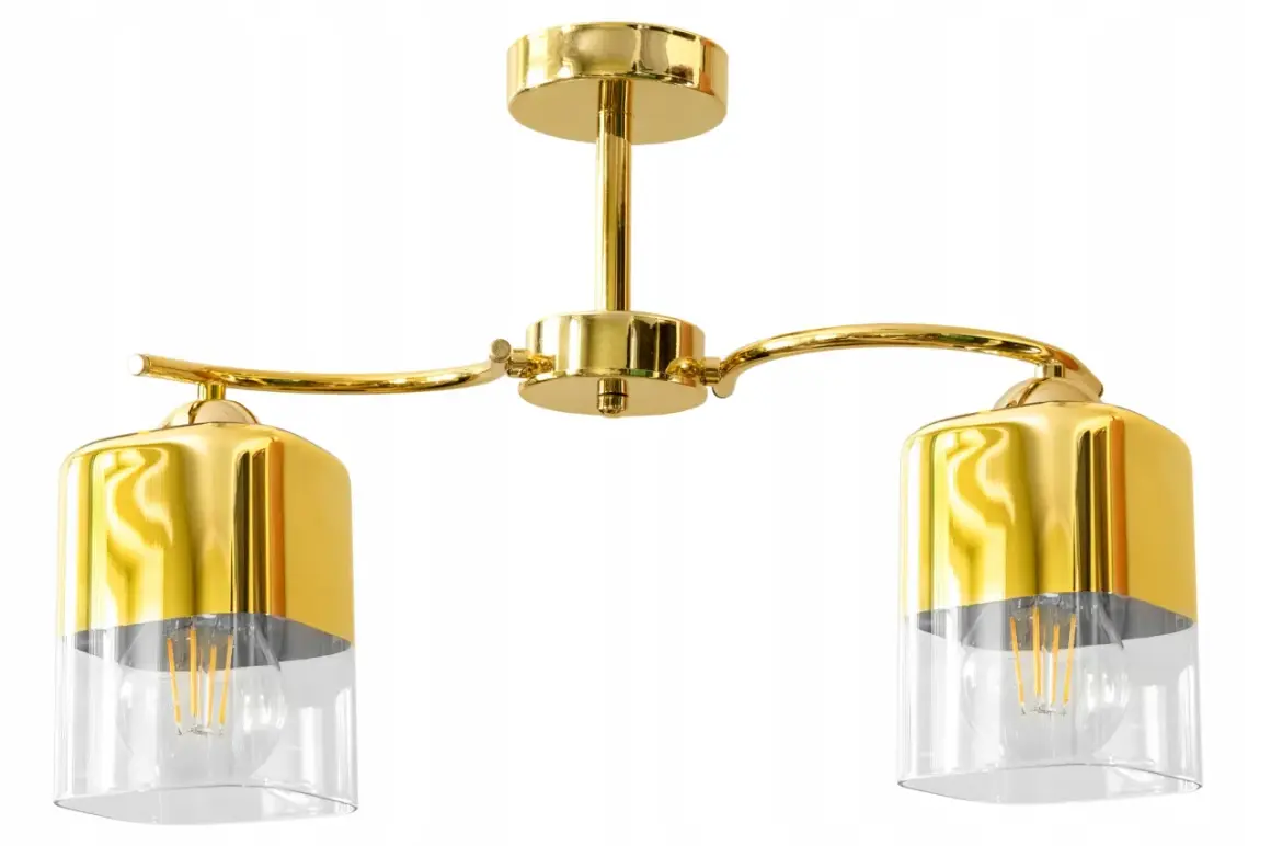 Elegancka lampa szklana loft w złotym kolorze, z dwoma kloszami i widoczną żarówką.