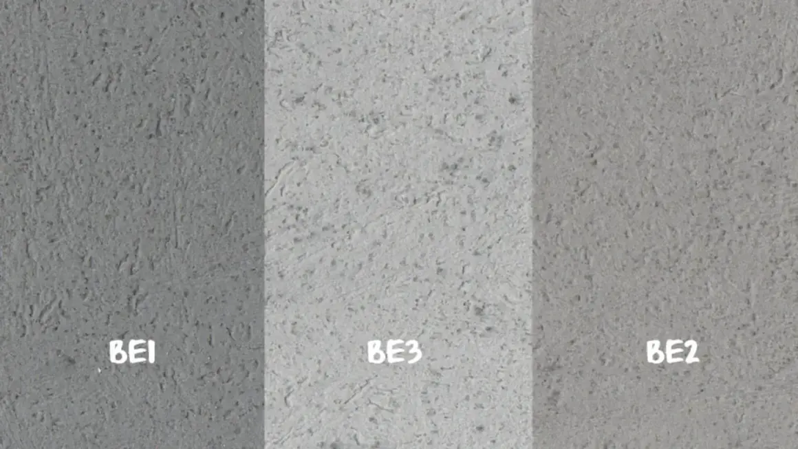 Próbki betonu dekoracyjnego na ścianę: BE1 (ciemniejszy), BE3 (jasny), BE2 (średni). Różne tekstury i odcienie szarości.