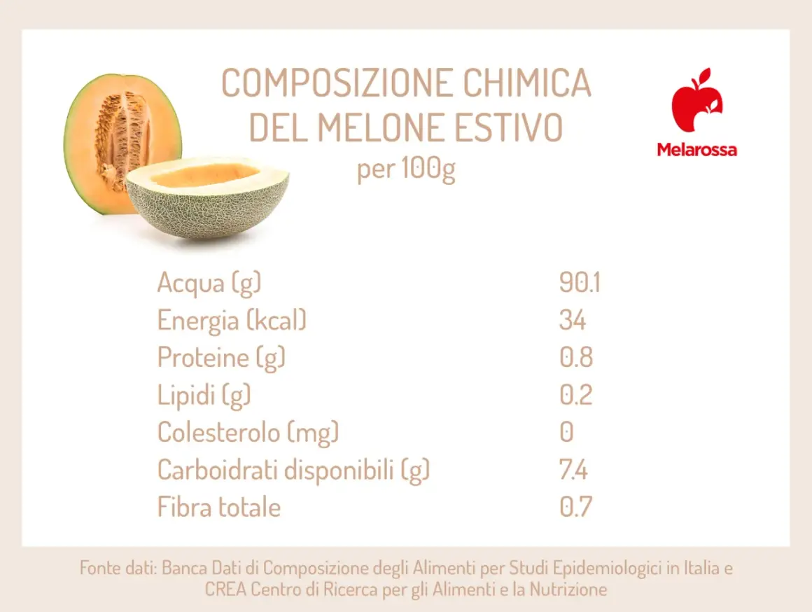 Melone retato: 34 kcal per 100g. La tabella mostra la composizione chimica, con acqua, proteine, lipidi, carboidrati e fibra.