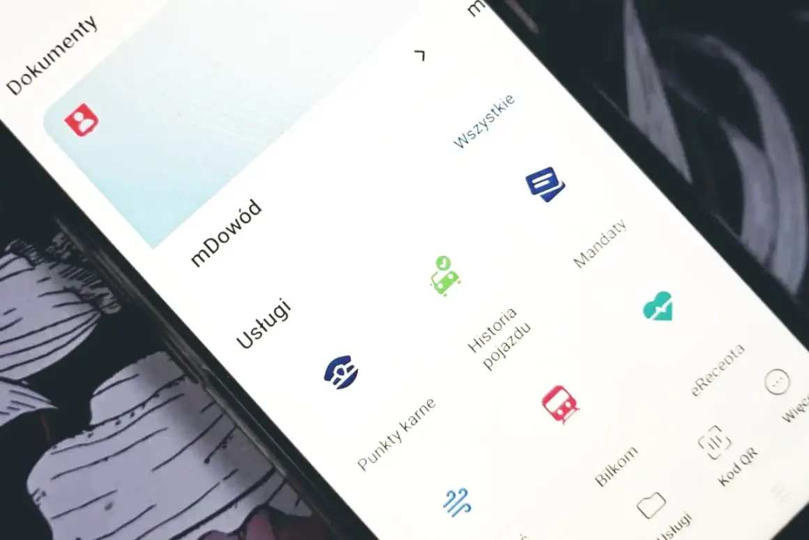 Na ekranie telefonu widać aplikację z opcjami: mDowód, Usługi, Punkty karne, Historia pojazdu, Mandaty. Możesz tu sprawdzić mandaty.