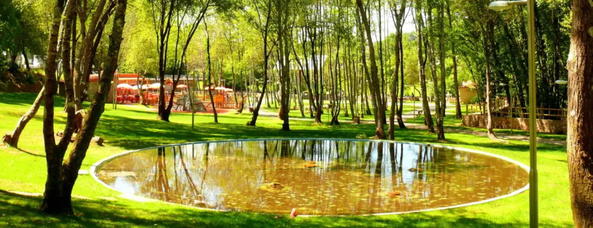 Un estanque circular refleja los árboles en un parque con un área de juegos y mesas al aire libre. Un lugar perfecto para un paseo tranquilo.