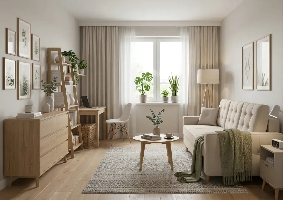 Jasny salon z beżową kanapą, drewnianymi meblami i roślinami. Inspirujące pomysły na pokój w stylu skandynawskim.