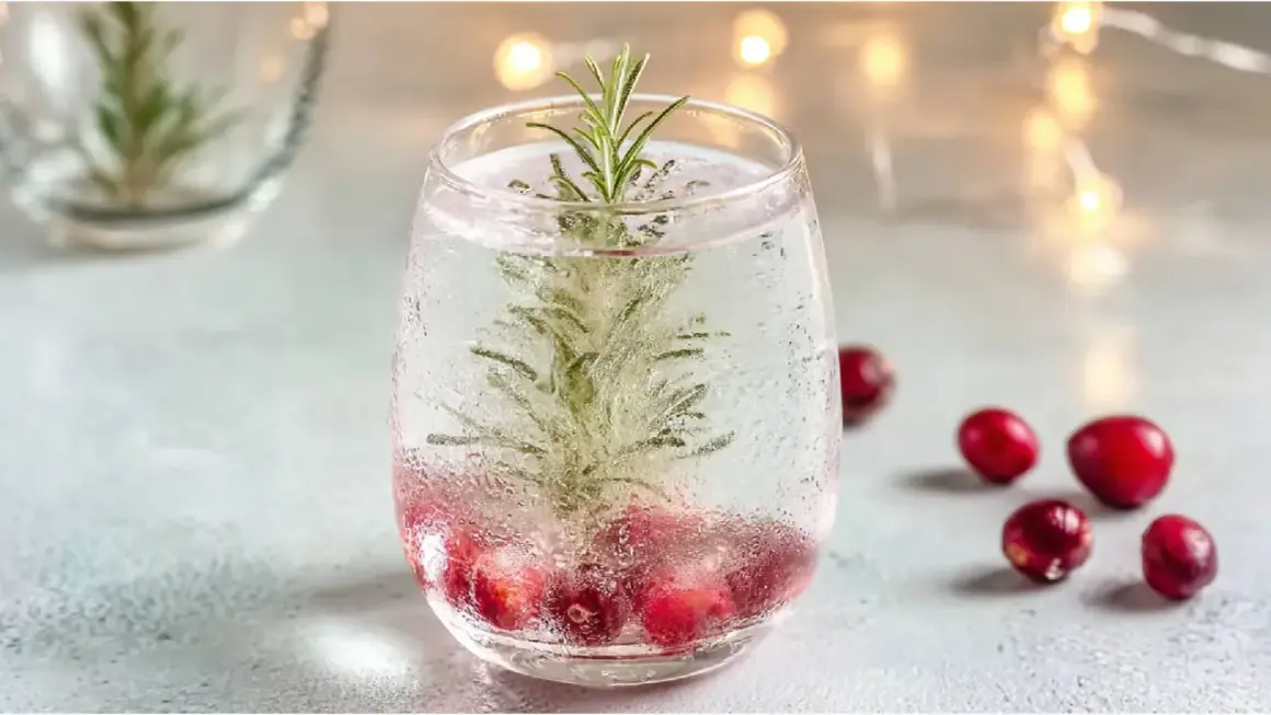 Ein erfrischender Snow Globe Cocktail mit Cranberries und Rosmarin, der wie ein winterlicher Zauber aussieht.