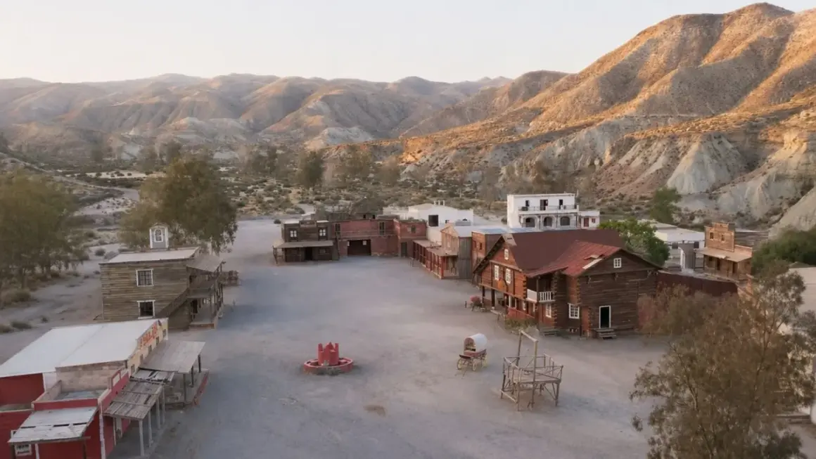 Un pueblo del oeste con edificios de madera y un pozo de agua, rodeado de colinas áridas.