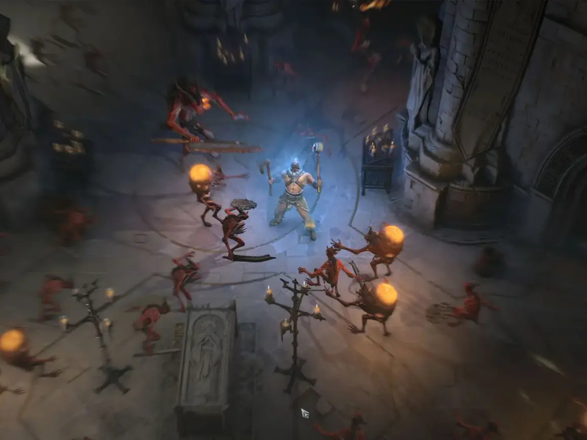 Wojownik na **diablo 4 max level** walczy z hordą demonów w mrocznym lochu.