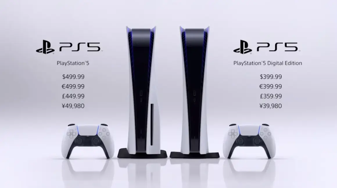 Zwei PS5-Konsolen, eine Standard und eine Digital Edition, mit Preisen für den PS5 Release.