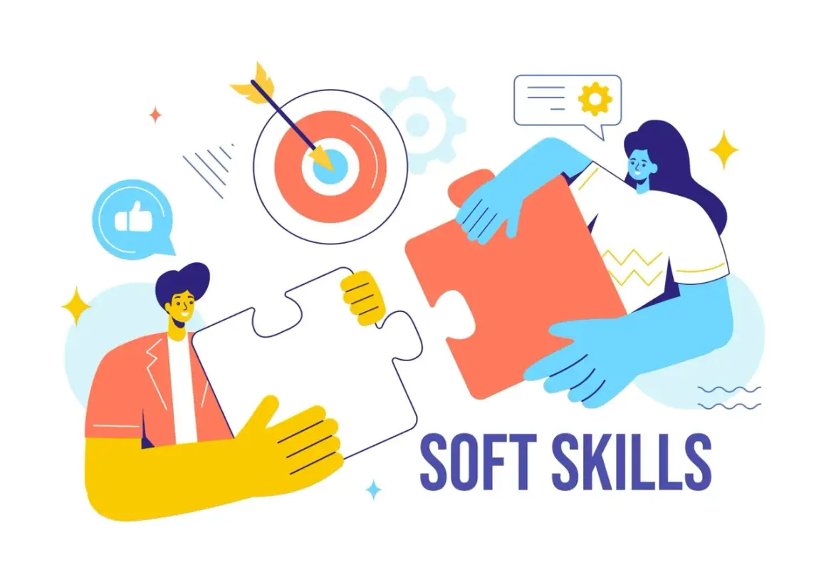 Zwei Personen fügen Puzzleteile zusammen, um das Konzept der Soft Skills zu veranschaulichen. Ein Daumen-hoch-Symbol und ein Zielscheiben-Symbol sind ebenfalls zu sehen.