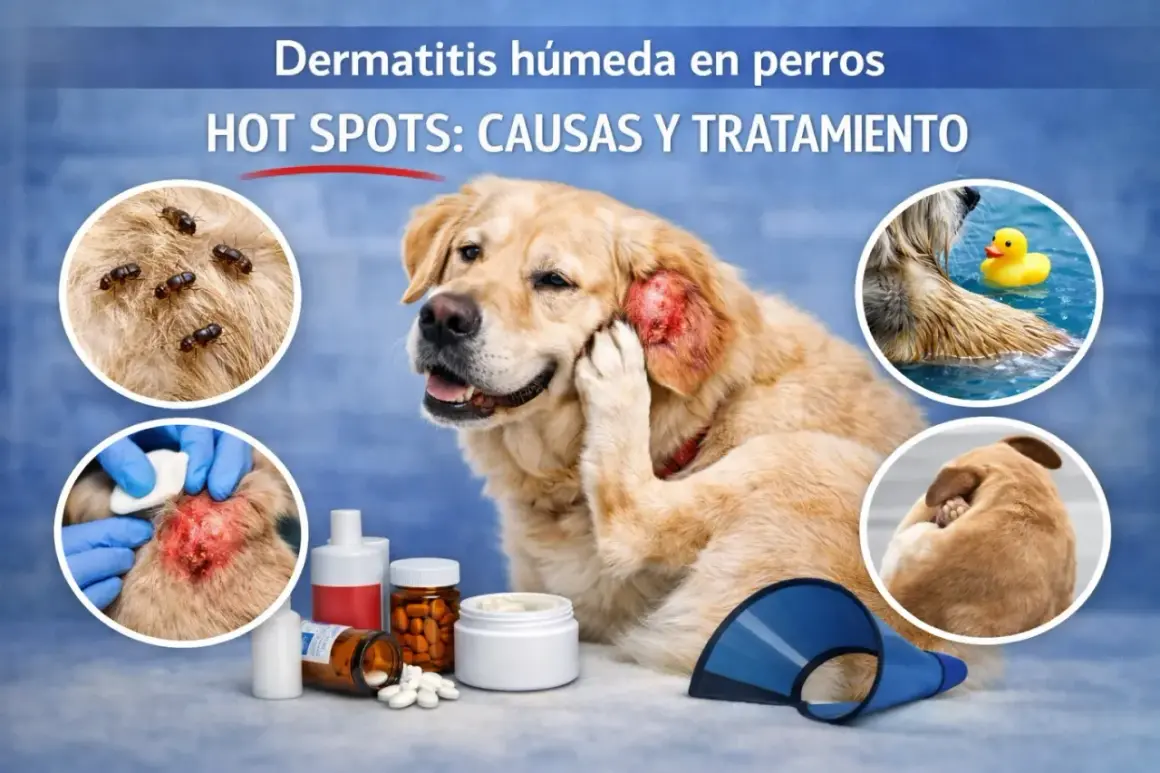 Perro con dermatitis húmeda, mostrando causas como pulgas y tratamiento con medicamentos. Un **hot spot** en su oreja le causa molestia.