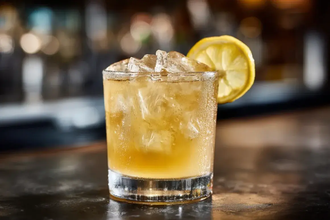 Ett glas med is och en citronskiva, en klassisk whiskey sour som väntar på att avnjutas.