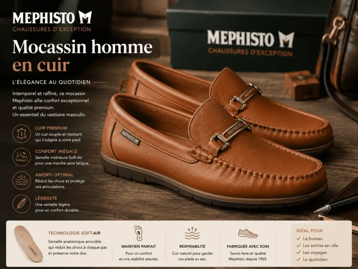 Mocassins homme Mephisto en cuir marron, avec une semelle en cuir souple et une semelle intérieure Soft-Air pour un confort optimal.