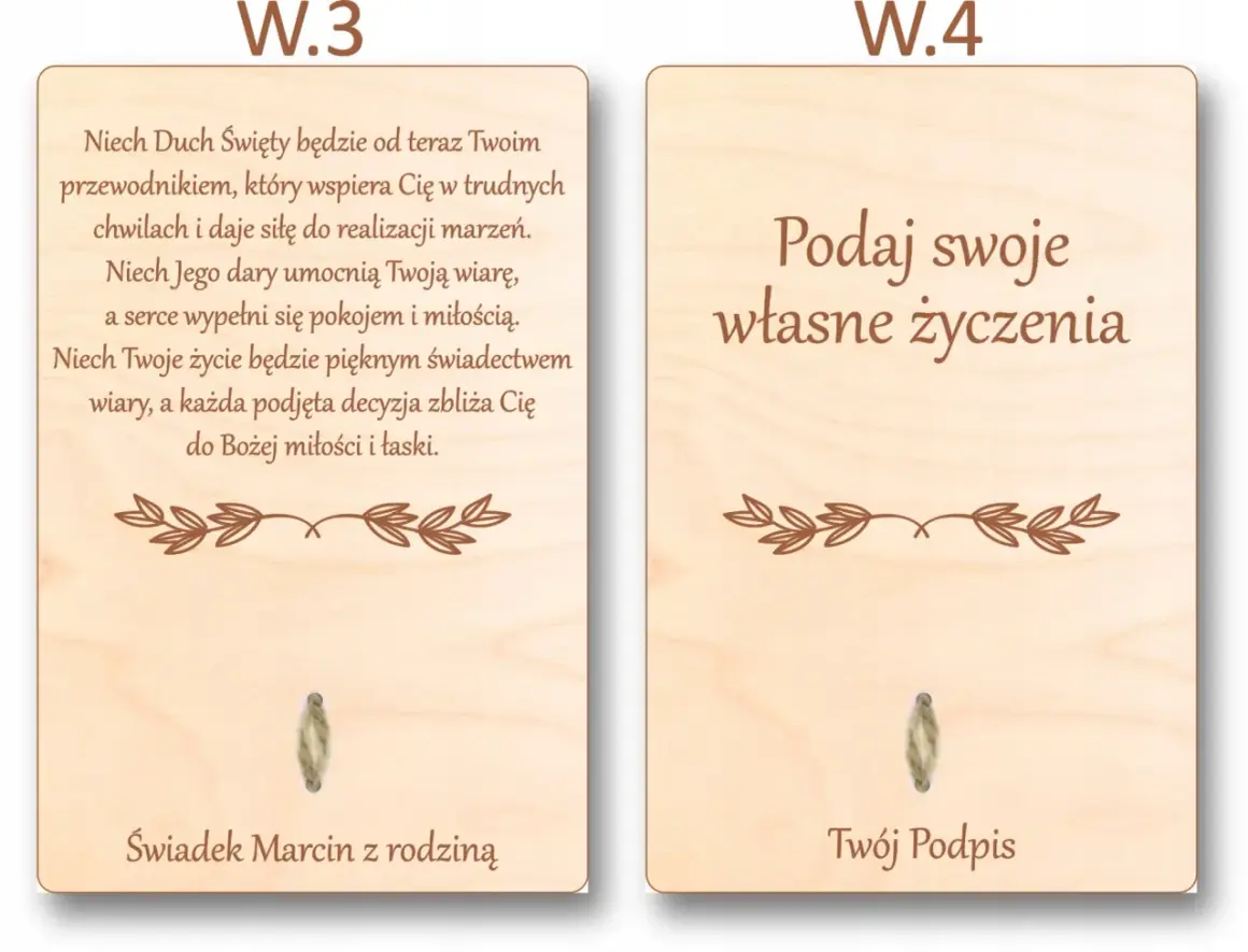 Drewniane kartki z życzeniami na bierzmowanie. Jedna zawiera błogosławieństwo od świadka Marcina, druga miejsce na własne życzenia.