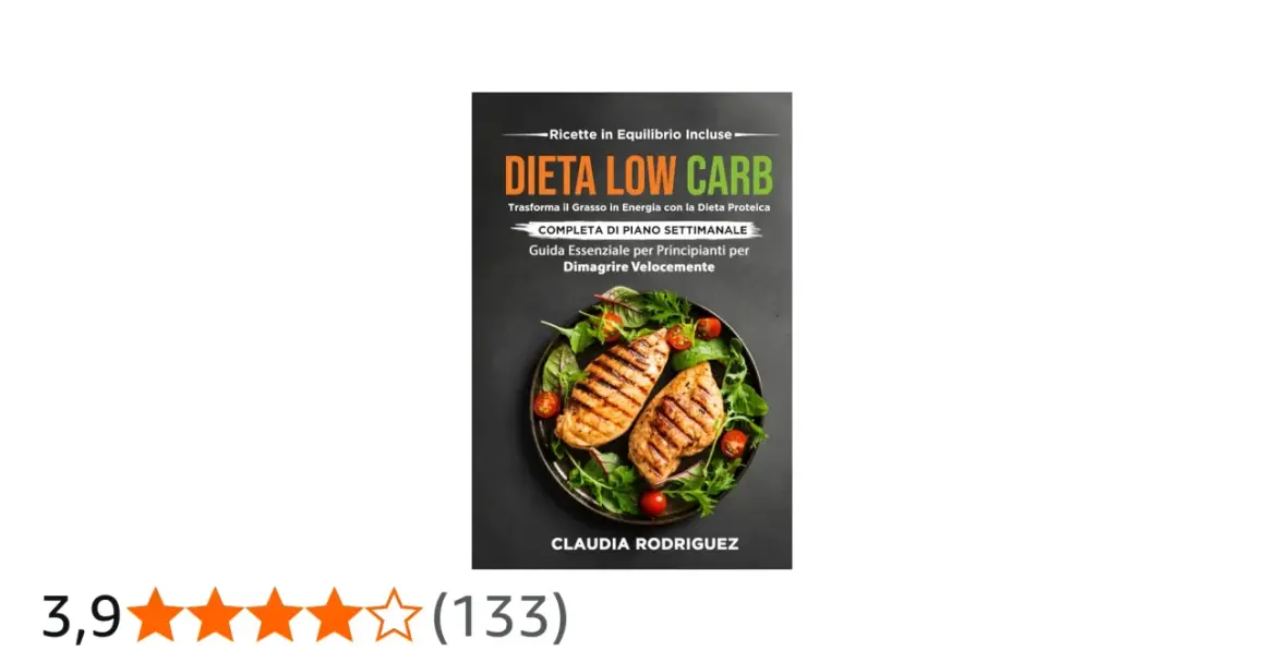 Copertina libro "Dieta Low Carb" con pollo grigliato e insalata. Guida per dimagrire velocemente.
