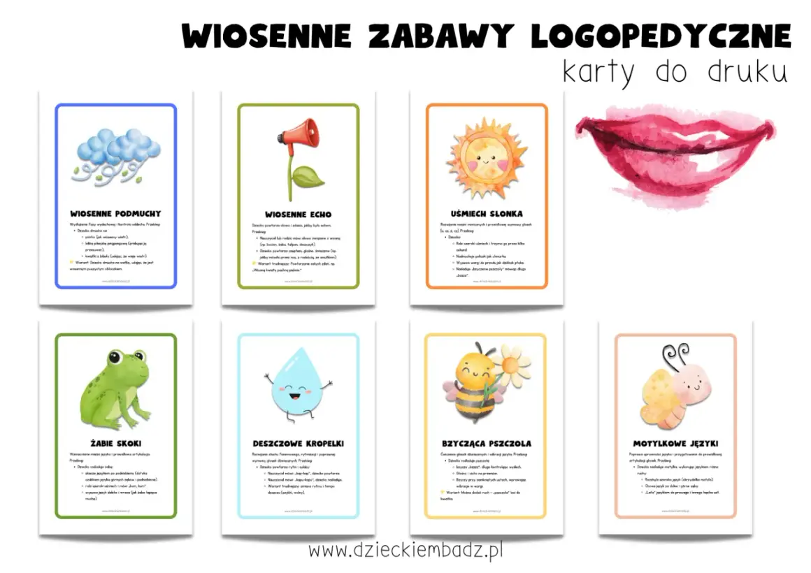 Karty do druku z wiosennymi zabawami logopedycznymi. Wśród nich: żabie skoki, deszczowe kropelki, bzycząca pszczoła, motylkowe języki i inne ćwiczenia artykulacyjne.