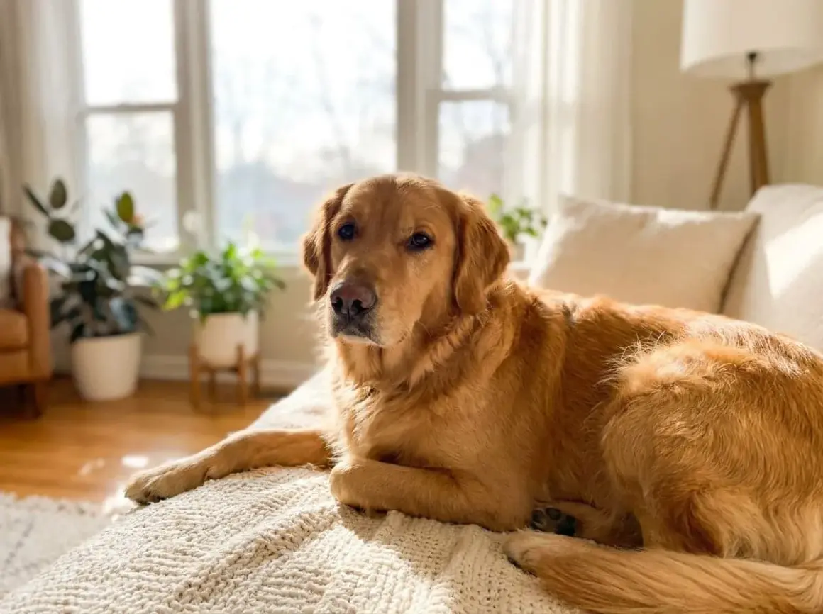 Un beau golden retriever se repose sur un canapé, baigné de soleil. Un avis sur Vectra 3D pour chien ? Ce toutou semble en pleine forme !