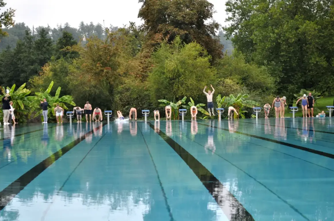 Menschen starten einen Wettkampf im untergruppenbach freibad. Einige springen von den Startblöcken, andere warten.