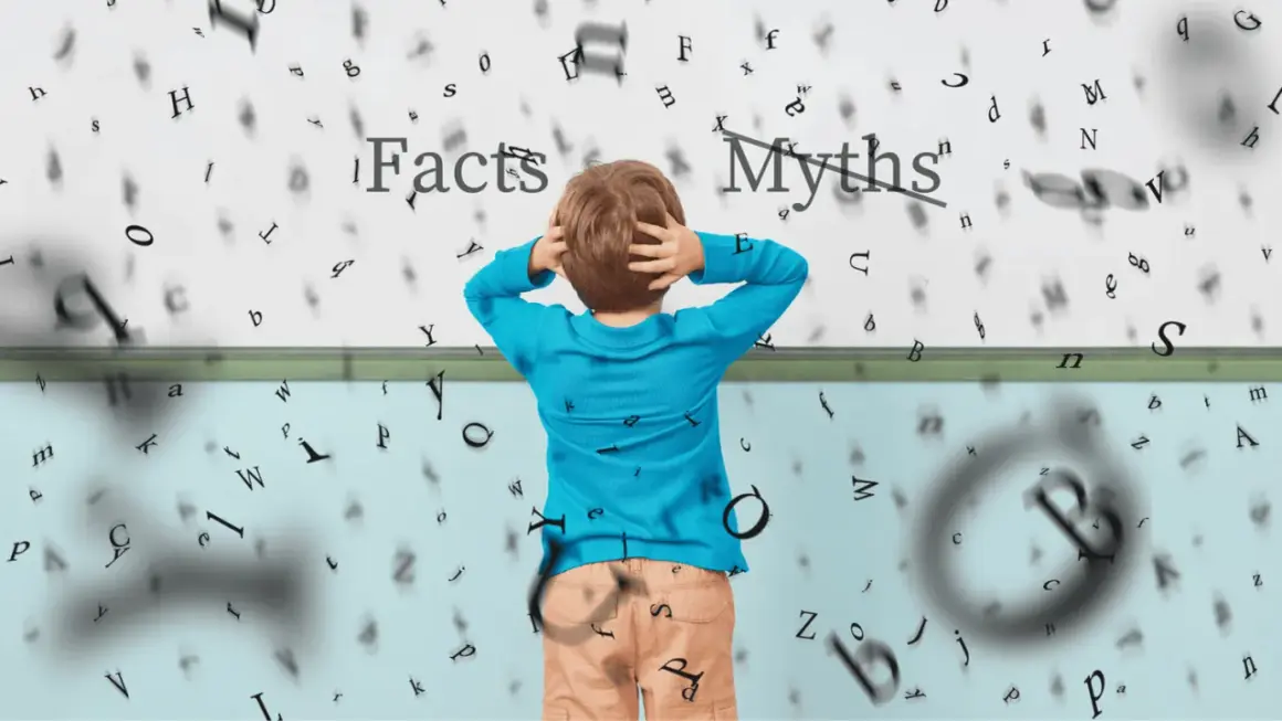 Jongen met handen in het haar, omringd door zwevende letters. Boven hem staat 'Facts' en 'Myths', wat de uitdaging van wat is begrijpend lezen illustreert.