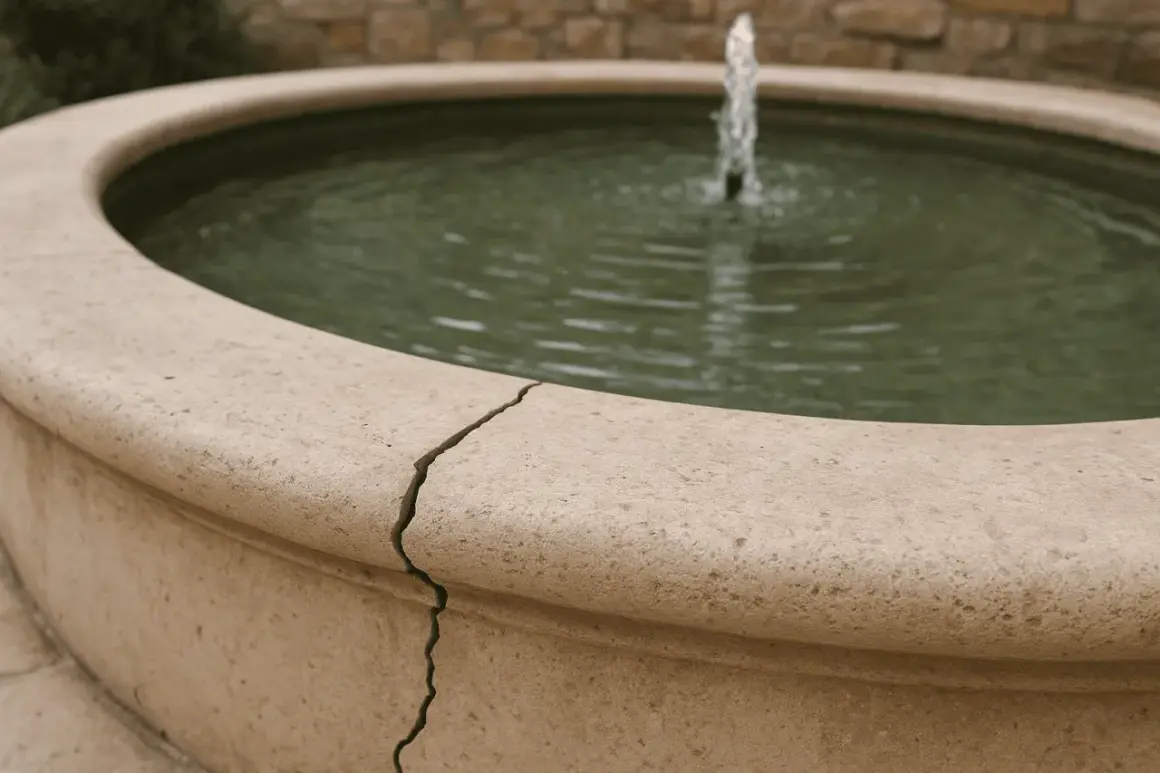 Bassin de fontaine en pierre avec une fissure visible. Une question se pose : comment étancheifier un bassin pour éviter les fuites ?