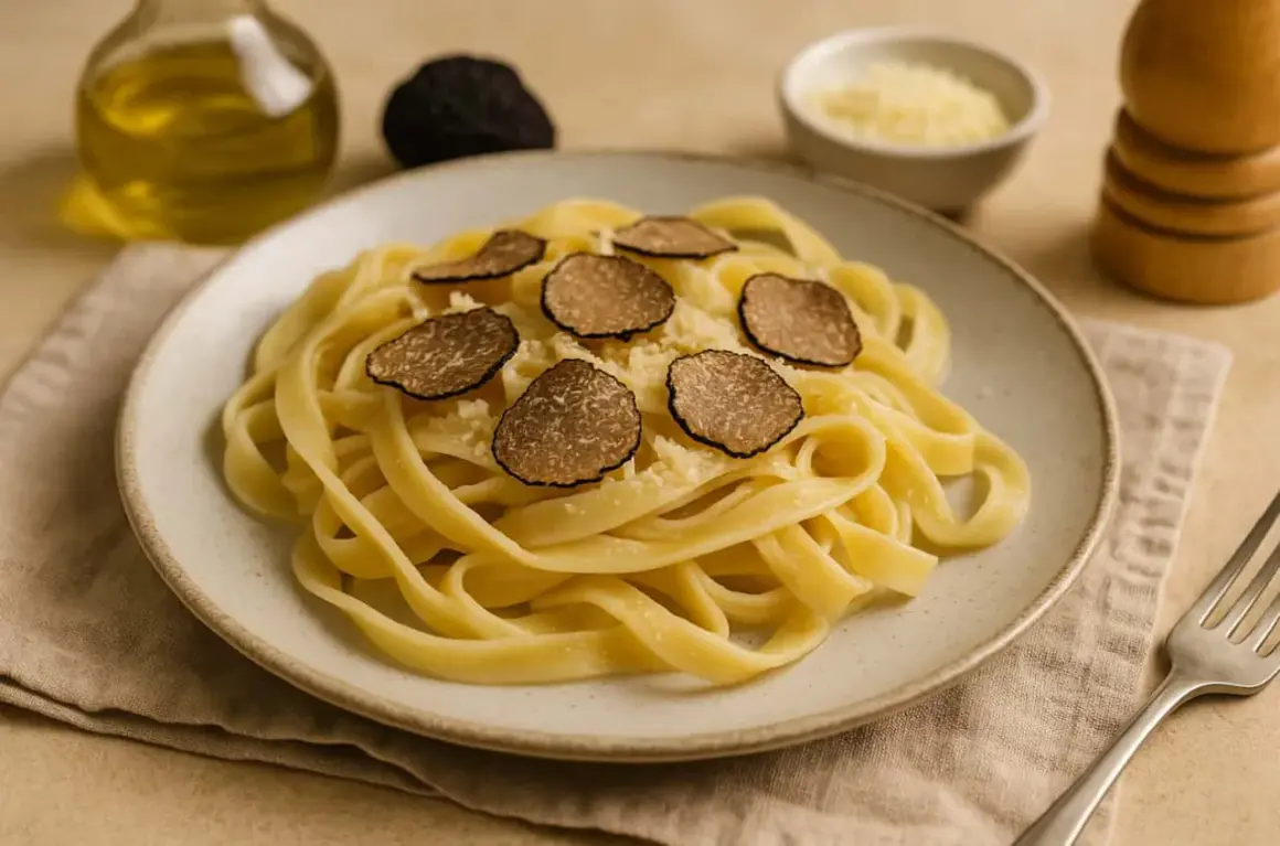 Tagliatelle z tartą truflą i parmezanem, pachnące oliwą z oliwek. Pyszny makaron z truflami.