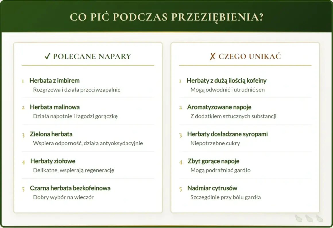 Jaka herbata na katar? Polecane napary to m.in. herbata z imbirem, malinowa, zielona, ziołowa i bezkofeinowa. Unikaj napojów z dużą ilością kofeiny i syropów.