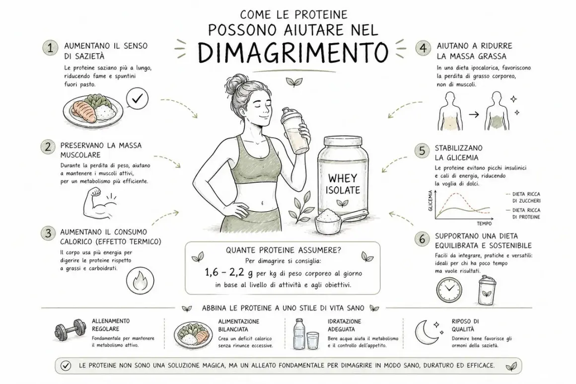 Le proteine aiutano nel dimagrimento: aumentano sazietà, preservano massa muscolare e stabilizzano la glicemia. Gli aminoacidi sono fondamentali.