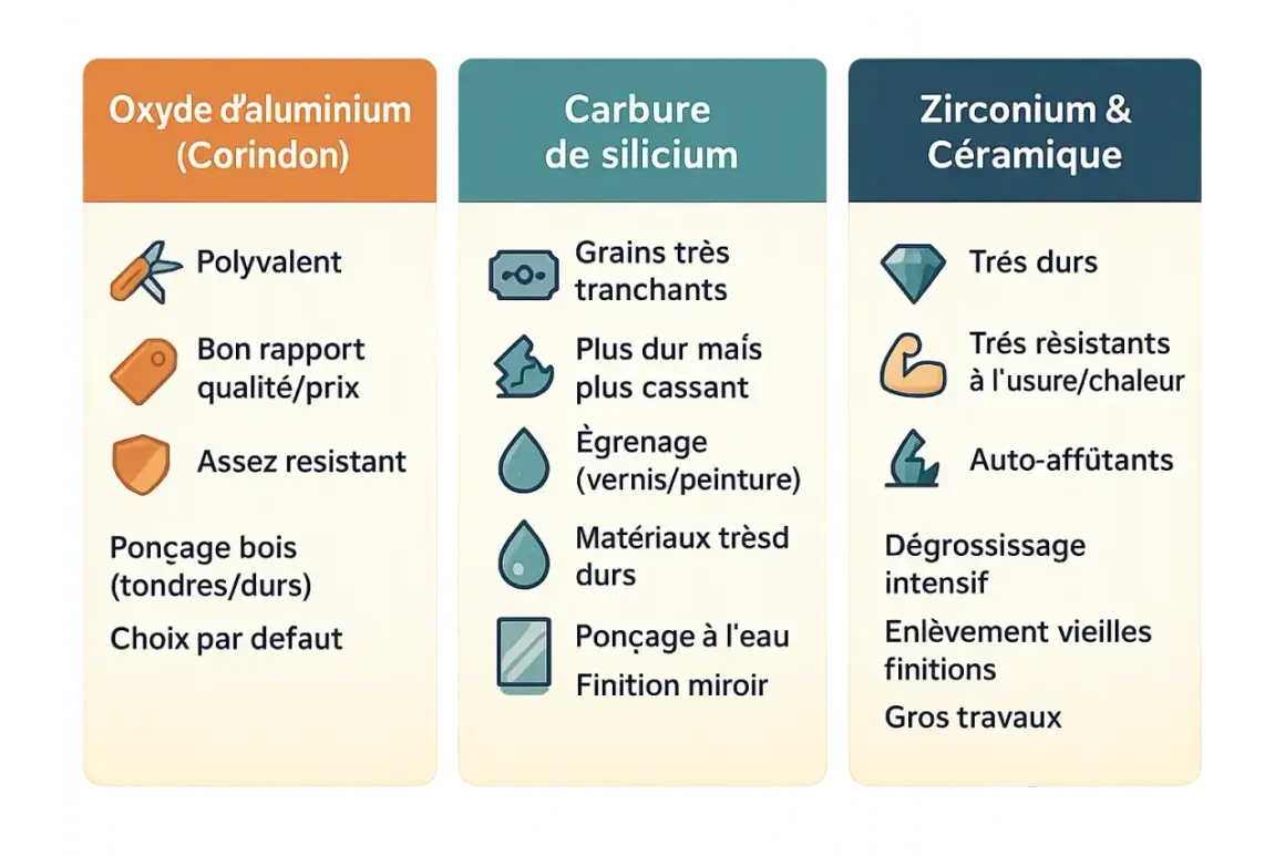 Comparaison des grains abrasifs : oxyde d'aluminium (polyvalent, idéal pour quel grain pour poncer bois), carbure de silicium (très tranchant) et zirconium/céramique (très dur).