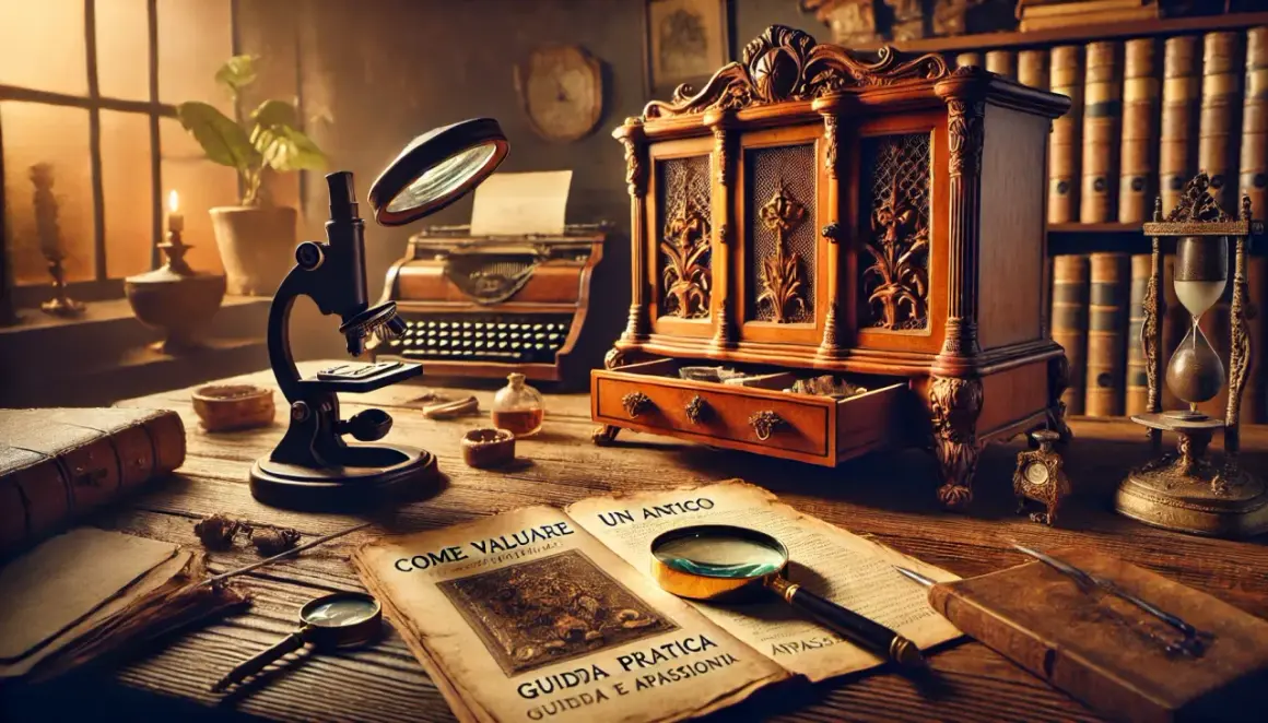Scrivania da studioso con microscopio, macchina da scrivere, libri antichi e una clessidra. Un libro aperto parla di "come valutare" e menziona il marmo Portoro provenienza.