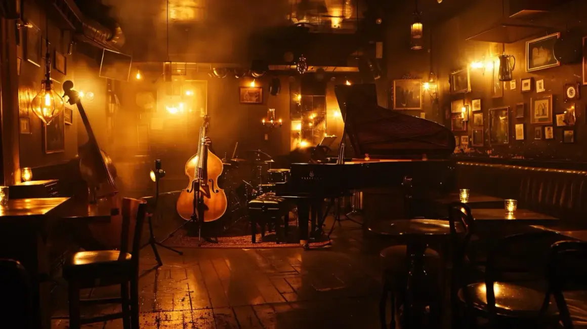 Atmosfera jazz a Milano, con contrabbasso, pianoforte e batteria pronti per eventi musicali.