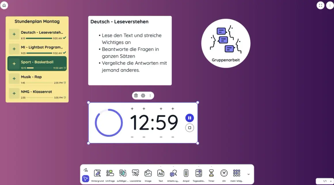 Classroomscreen Deutsch: Stundenplan mit Deutsch-Aufgaben, Timer und Gruppenarbeit-Symbol.