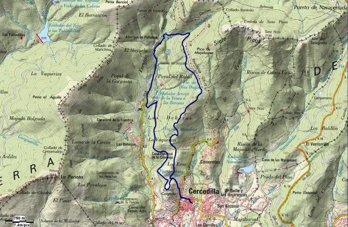 Ruta de senderismo en Cercedilla, con el camino del agua marcado en azul.