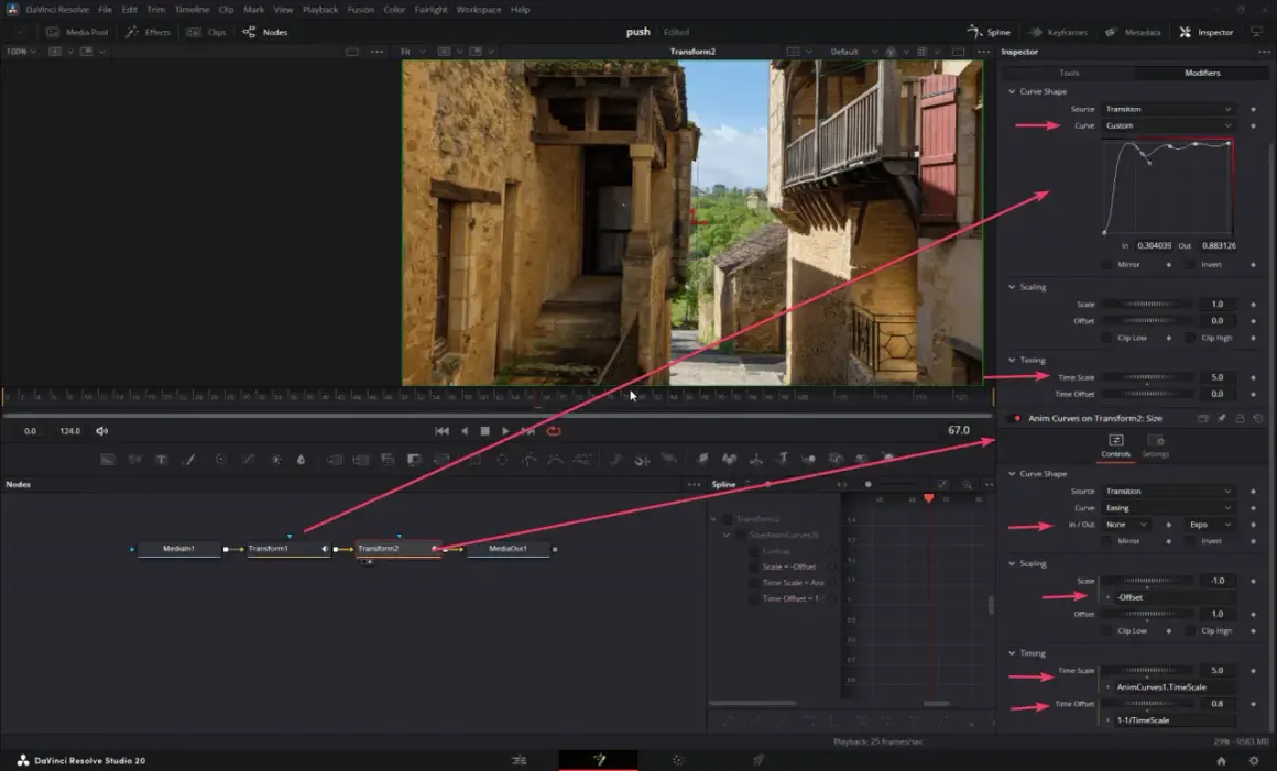 DaVinci Resolve nodes showing custom animation curves for free DaVinci Resolve transitions, with scaling and timing adjustments.