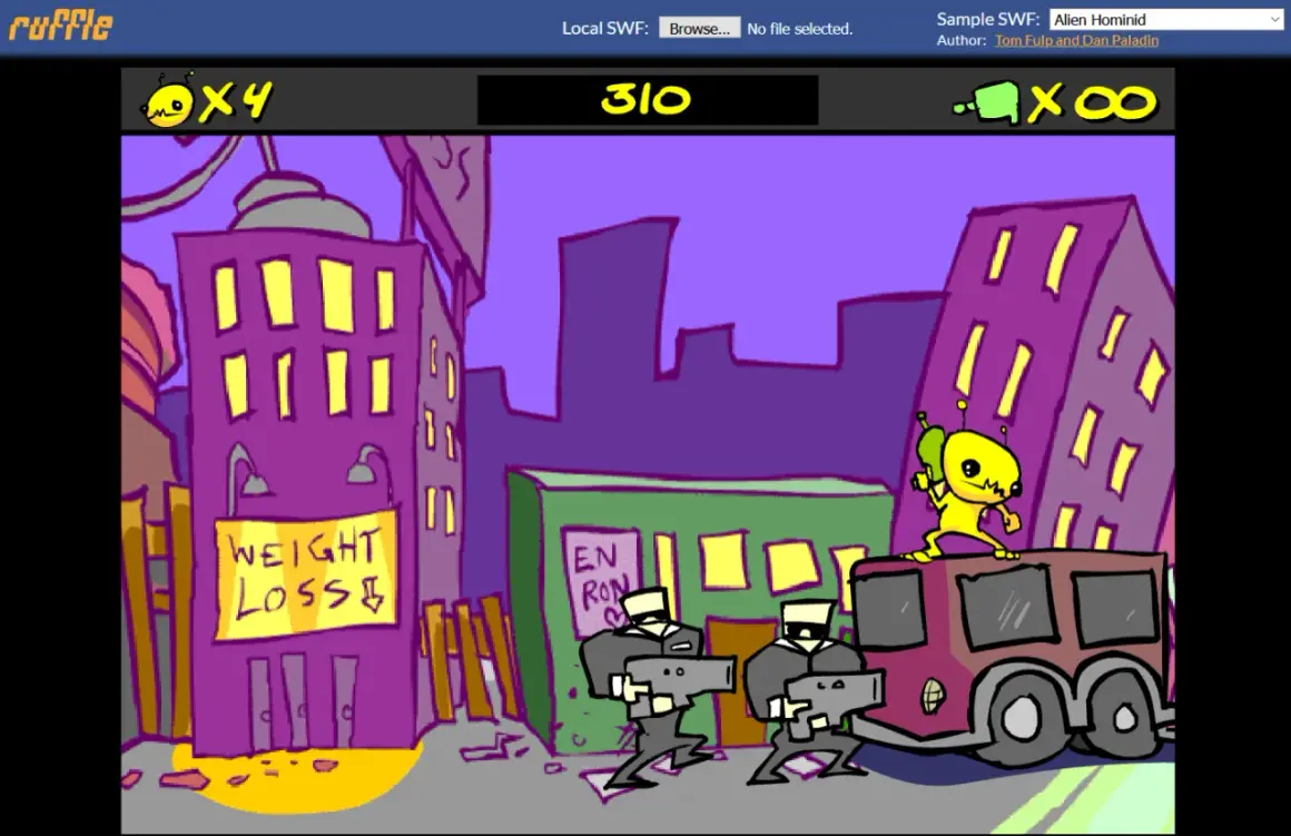 A yellow alien with a ray gun stands on a bus, facing armed men. This scene is from a game, possibly demonstrating how to make a .swf file.