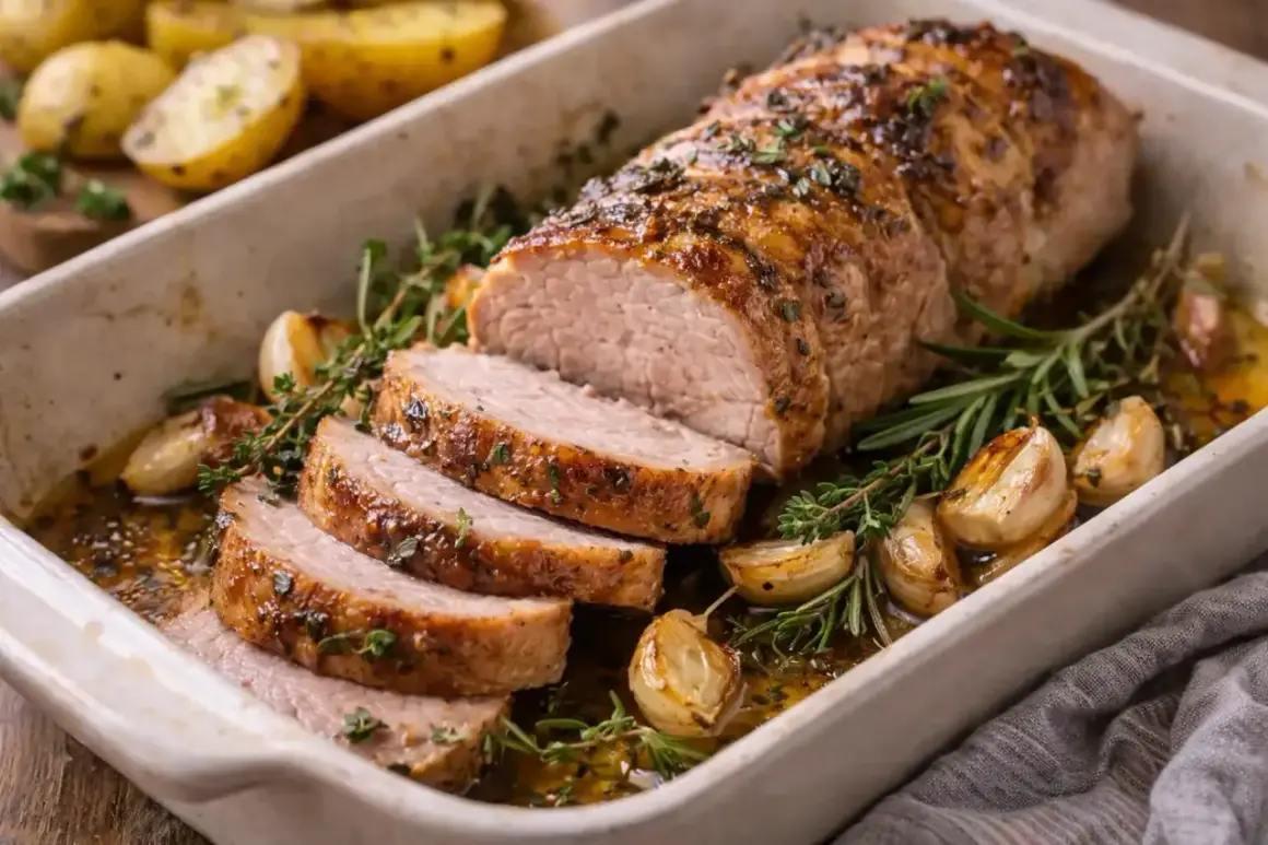 Un délicieux médaillon de porc rôti, tranché et servi dans un plat avec des pommes de terre, de l'ail et des herbes. Une recette parfaite pour un repas savoureux.