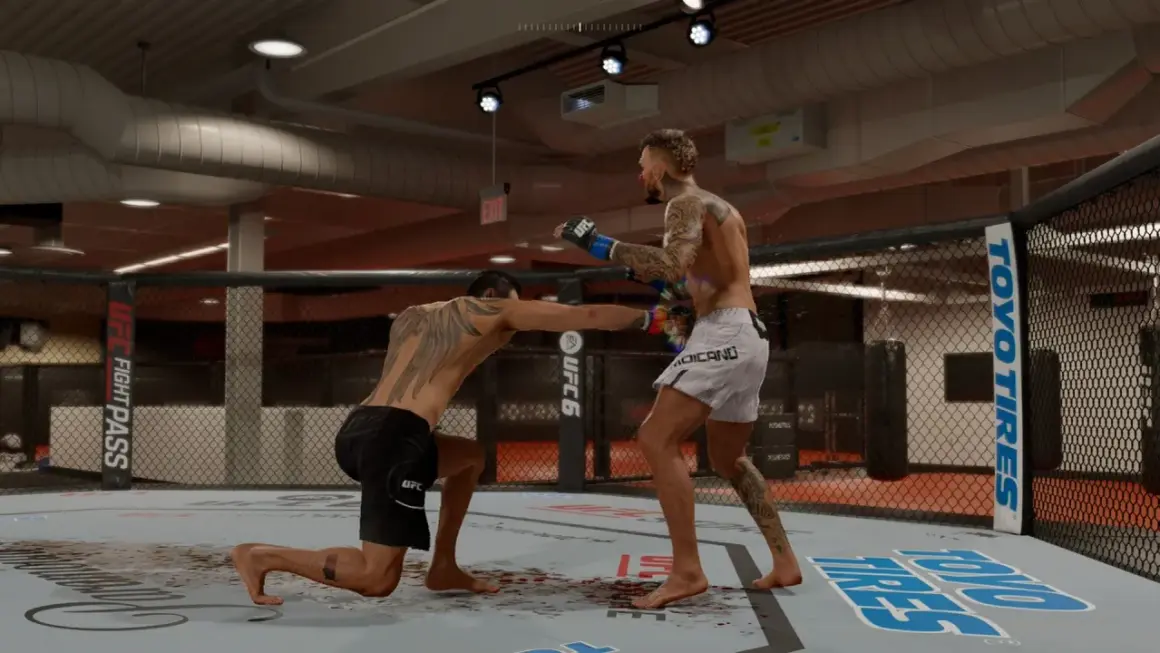 Two fighters in a UFC octagon. One fighter is on one knee, throwing a punch, showcasing advanced boxing combinations.