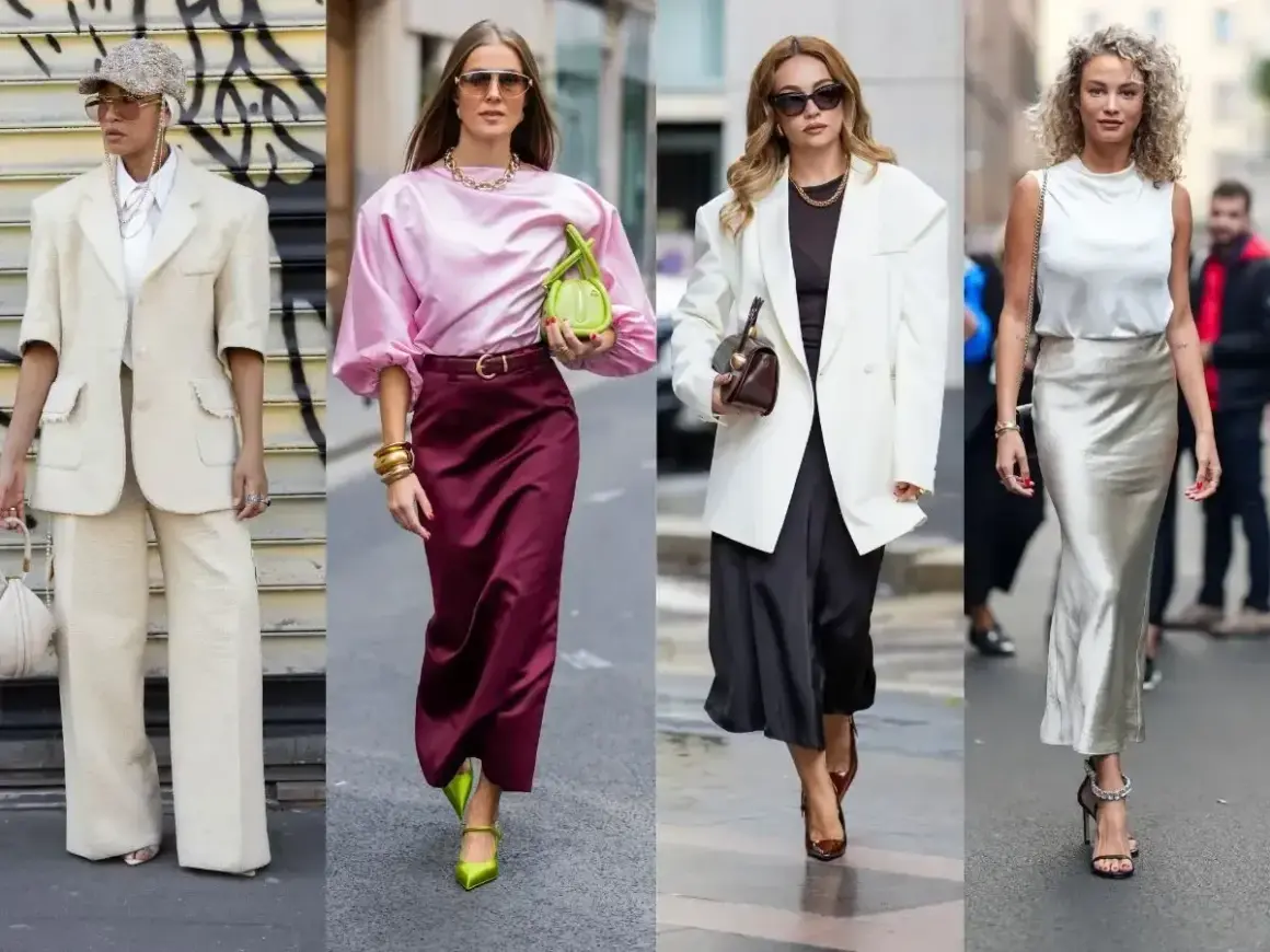 Eleganckie mama na komunii stylizacje: kremowy garnitur, różowa bluzka z bordową spódnicą, biała marynarka z czarną sukienką, biała bluzka ze srebrną spódnicą.