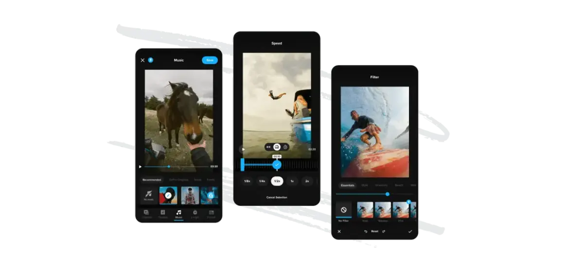 Edytuj swoje filmy z GoPro, dodając muzykę, zmieniając prędkość i filtry. Aplikacja GoPro ułatwia tworzenie dynamicznych klipów.
