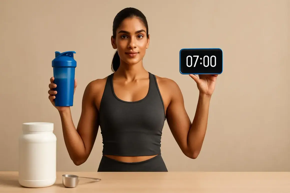 Donna con shaker e barattolo di proteine in polvere, pronta per il suo allenamento mattutino alle 7:00.