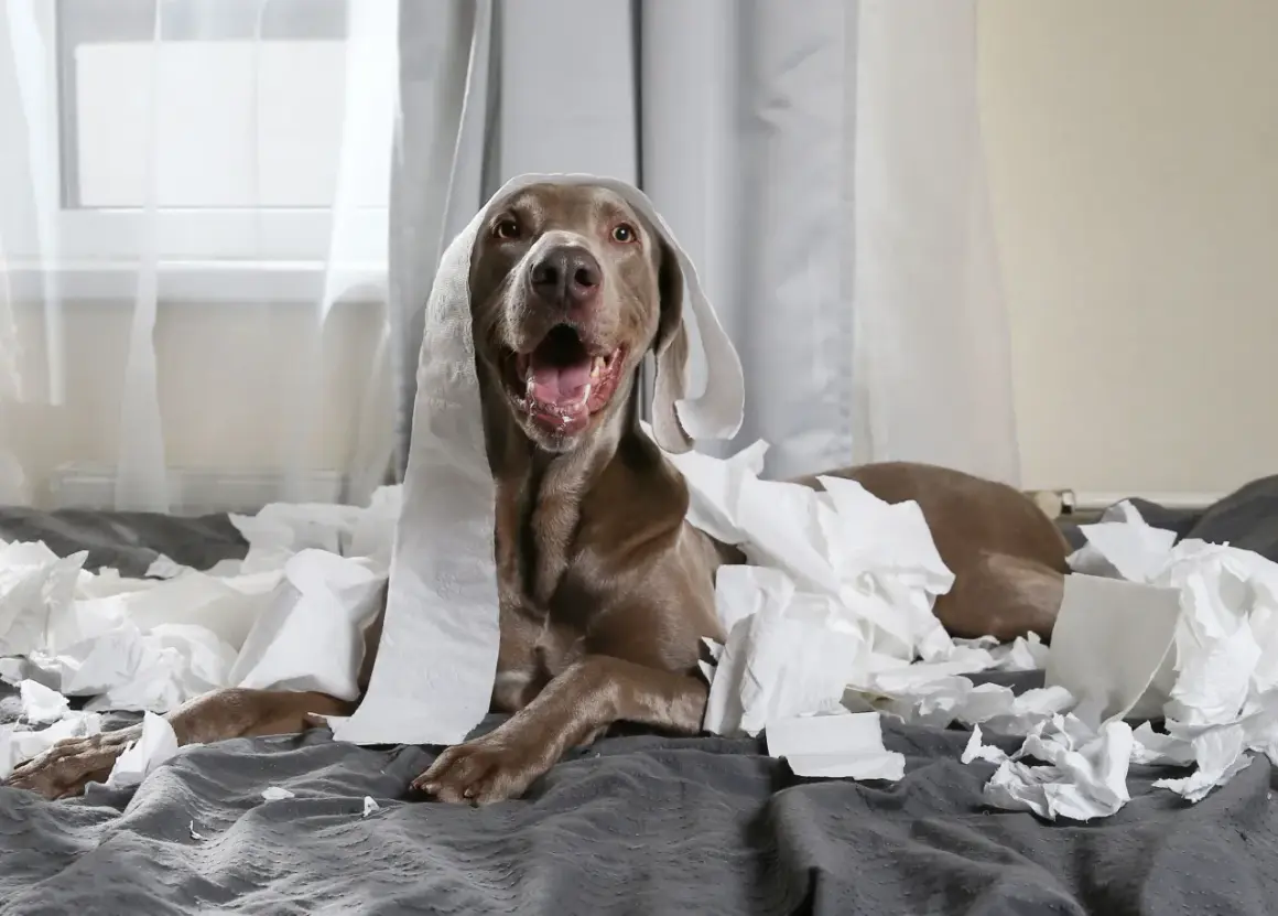En hund med toalettpapper runt huvudet ligger på en säng omgiven av pappersrester. Stackars hund dålig i magen, eller bara busig?